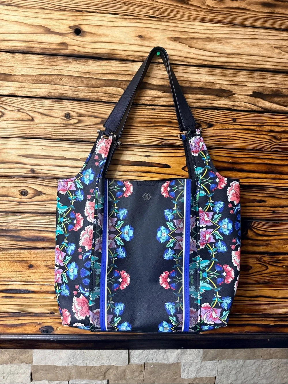 Floral Pattern Black Tote Bag with Blue Accents